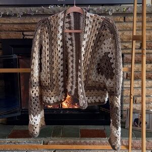 Open-Front Crochet Cardigan Sweater - Brown & Cream